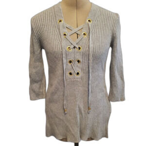 Michael Kors Sweater Women's Small Gray Gold Lace-Up Ribbed Tunic 3/4 Sleeve